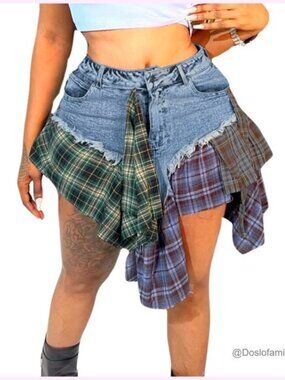 High Waisted Denim Mini Skirt with Plaid Patchwork and Ruffled Hem